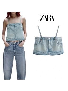 ZARA Denim Jean Cropped Top Spaghetti Strap Blue Wash  Bloggers fave XS